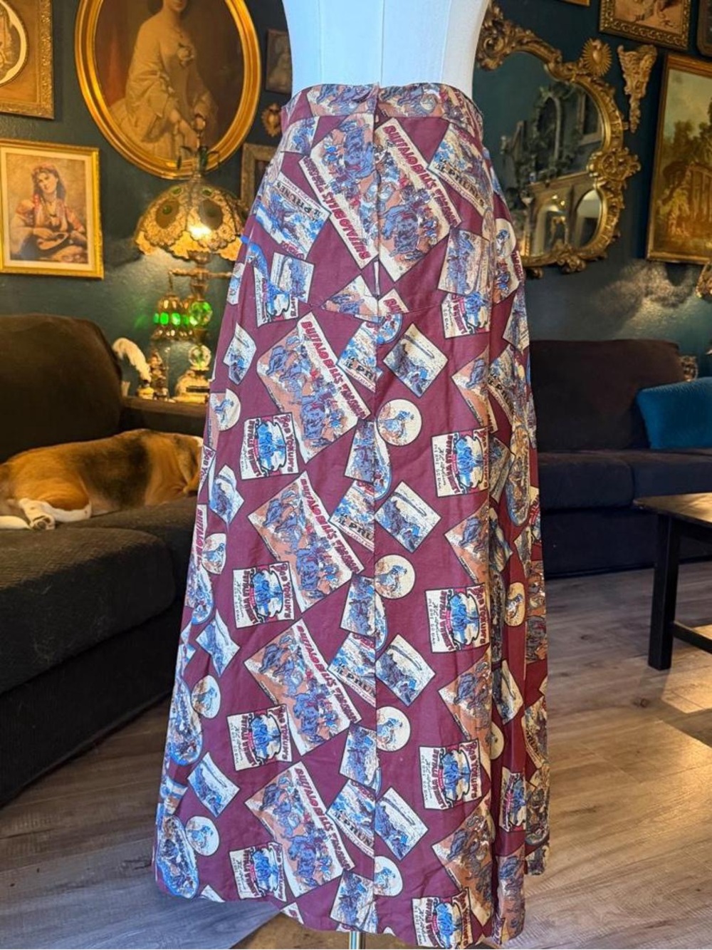 Vintage Shadow Canyon Buffalo Bill Novelty Print Maxi Skirt